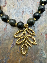 Load image into Gallery viewer, Dark Green Labradorite Stone Necklace with Gold Leaf Pendant
