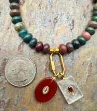 Load image into Gallery viewer, Ocean Jasper Carabiner Necklace with Carnelian and Quartz Interchangeable Pendants