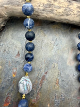 Load image into Gallery viewer, Sodalite Stone Beaded Asymmetrical Necklace with Freshwater Pearl Focal