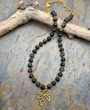 Load image into Gallery viewer, Dark Green Labradorite Stone Necklace with Gold Leaf Pendant