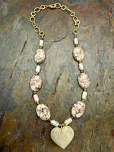 Load image into Gallery viewer, Moonstone Heart Pendant Necklace with Shell and Czech Glass Pearl Beads