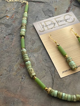 Load image into Gallery viewer, Green Turquoise Howlite jewelry set with Czech glass beads and heart link chain