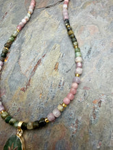 Load image into Gallery viewer, Multi Tourmaline Stone Beaded Necklace with Petite Aventurine Pendant