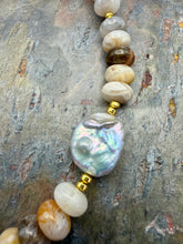 Load image into Gallery viewer, Bamboo Leaf Jasper Stone Beaded Asymmetrical Necklace with Freshwater Pearl Focal