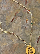 Load image into Gallery viewer, Gold tone Best Life Ever Lanyard style necklace with rhinestone paper clip chain and bow charm