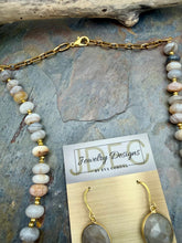 Load image into Gallery viewer, Asymmetric Bamboo Leaf Jasper Stone Statement Jewelry Set with Crazy Lace Agate Focal