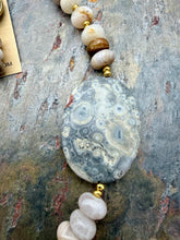 Load image into Gallery viewer, Asymmetric Bamboo Leaf Jasper Stone Statement Jewelry Set with Crazy Lace Agate Focal