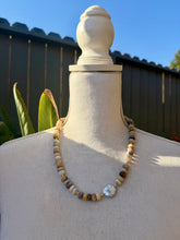 Load image into Gallery viewer, Bamboo Leaf Jasper Stone Beaded Asymmetrical Necklace with Freshwater Pearl Focal