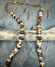 Load image into Gallery viewer, Brown Zebra Jasper Statement Jewelry Set with Antique Brass Pendant
