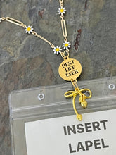 Load image into Gallery viewer, Gold tone Best Life Ever Lanyard style necklace with daisy paper clip chain and bow charm