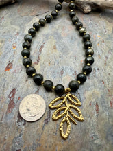 Load image into Gallery viewer, Dark Green Labradorite Stone Necklace with Gold Leaf Pendant
