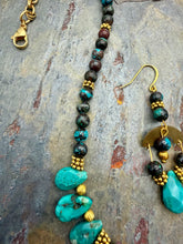Load image into Gallery viewer, Turquoise Bib Style Necklace Jewelry Set with Chrysocolla Azurite beads