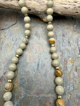 Load image into Gallery viewer, Matte Picture Jasper Stone Jewelry Set with Coral Fossil Carved Leaf Pendant