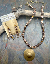 Load image into Gallery viewer, Brown Zebra Jasper Statement Jewelry Set with Antique Brass Pendant