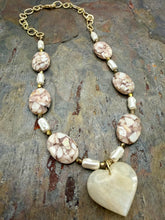 Load image into Gallery viewer, Moonstone Heart Pendant Necklace with Shell and Czech Glass Pearl Beads