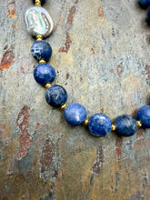 Load image into Gallery viewer, Sodalite Stone Beaded Asymmetrical Necklace with Freshwater Pearl Focal