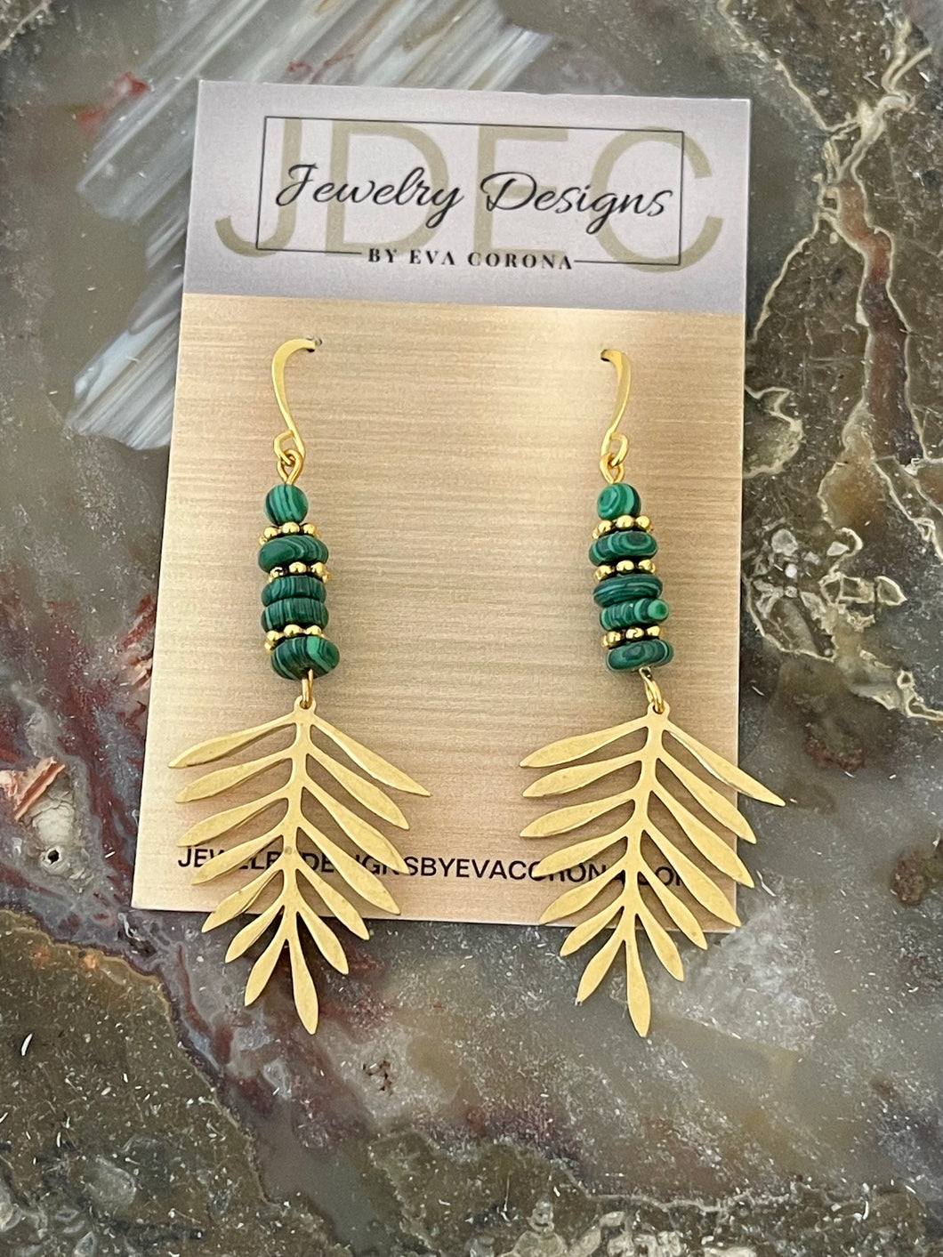 Malachite earrings with brass leaf charms