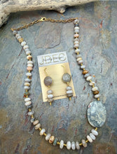 Load image into Gallery viewer, Asymmetric Bamboo Leaf Jasper Stone Statement Jewelry Set with Crazy Lace Agate Focal
