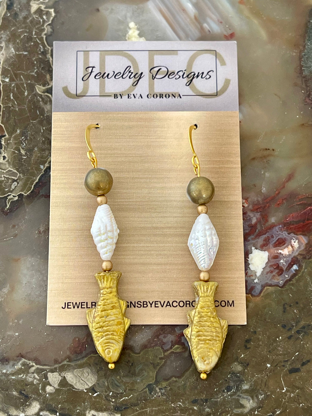 Iridescent White Czech Glass Shell earrings with Fish beads