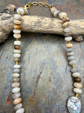 Load image into Gallery viewer, Bamboo Leaf Jasper Stone Beaded Asymmetrical Necklace with Freshwater Pearl Focal
