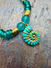 Load image into Gallery viewer, Ammonite Pendant Necklace with Frosted Glass and Fair Trade African Recycled Glass Beads
