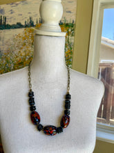 Load image into Gallery viewer, Black Agate stone statement necklace with large Millefiori glass beads
