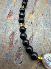 Load image into Gallery viewer, Blue Goldstone Stone Beaded Necklace with Freshwater Pearl Focal
