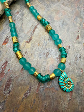 Load image into Gallery viewer, Ammonite Pendant Necklace with Frosted Glass and Fair Trade African Recycled Glass Beads
