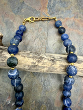 Load image into Gallery viewer, Sodalite Stone Beaded Asymmetrical Necklace with Freshwater Pearl Focal
