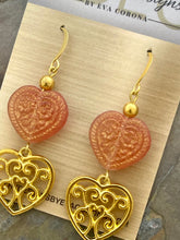 Load image into Gallery viewer, Red and gold Czech glass heart statement earrings with large heart charms

