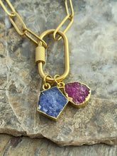 Load image into Gallery viewer, Premium Ruby and Sapphire carabiner necklace with two petite gemstone pendants
