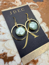 Load image into Gallery viewer, Mint Green Chinese Swarovski Coin Pearl Earrings with Gold Plated Brass Hoop Charms
