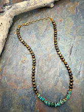 Load image into Gallery viewer, Chocolate Freshwater Pearl Beaded Necklace with Nevada Fox Turquoise
