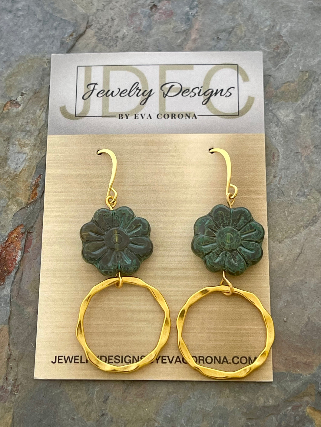 Dark green Czech glass flower earrings