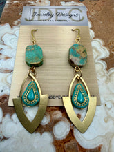 Load image into Gallery viewer, Natural Turquoise Earrings with Brass Charms and Czech Glass
