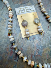 Load image into Gallery viewer, Asymmetric Bamboo Leaf Jasper Stone Statement Jewelry Set with Crazy Lace Agate Focal
