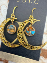 Load image into Gallery viewer, Natural Turquoise with Copper Earrings with Filigree Crescent Moon Charms
