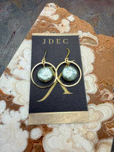 Load image into Gallery viewer, Mint Green Chinese Swarovski Coin Pearl Earrings with Gold Plated Brass Hoop Charms
