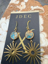Load image into Gallery viewer, Natural Turquoise with Copper Earrings with Brass Sun Charms
