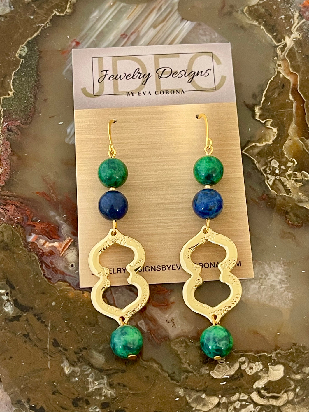 Azurite earrings with arabesque connectors