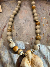 Load image into Gallery viewer, Matte Picture Jasper Stone Jewelry Set with Coral Fossil Carved Leaf Pendant
