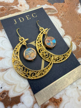 Load image into Gallery viewer, Natural Turquoise with Copper Earrings with Filigree Crescent Moon Charms
