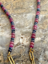 Load image into Gallery viewer, Premium Ruby and Sapphire carabiner necklace with two petite gemstone pendants
