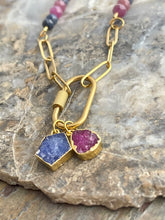 Load image into Gallery viewer, Premium Ruby and Sapphire carabiner necklace with two petite gemstone pendants
