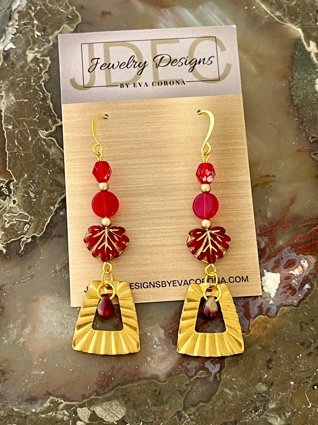 Red and Gold Czech Glass earrings with brass charms