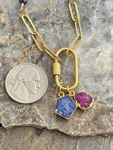 Load image into Gallery viewer, Premium Ruby and Sapphire carabiner necklace with two petite gemstone pendants
