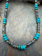 Load image into Gallery viewer, Turquoise and Snowflake Obsidian Stone Beaded Jewelry Set
