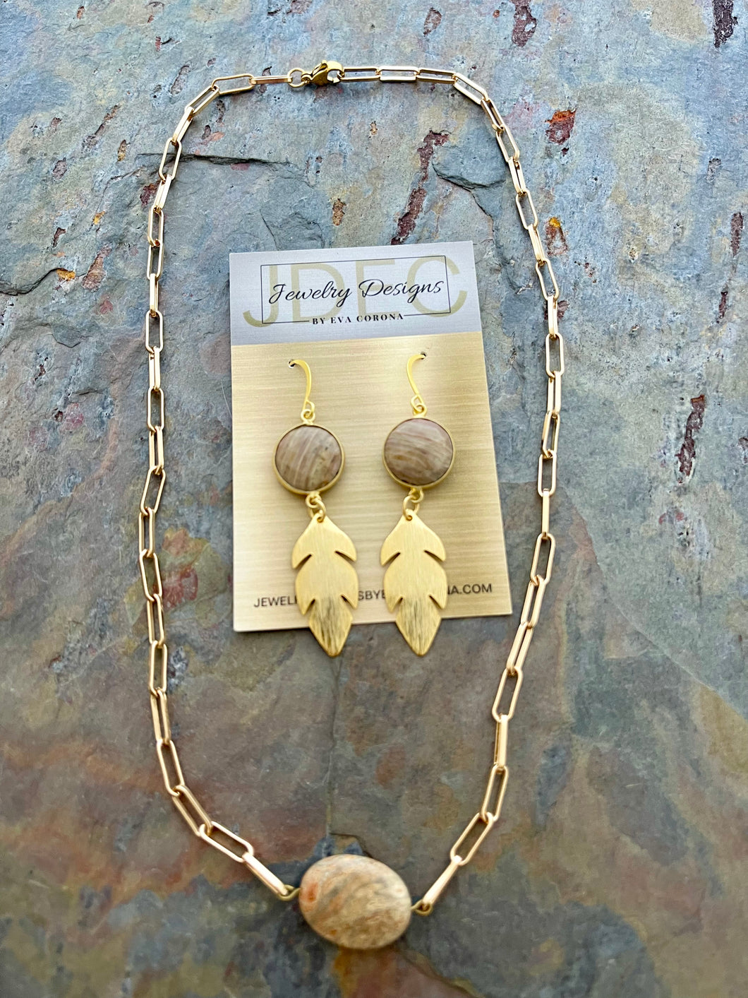 Jasper jewelry set with brass leaf charms