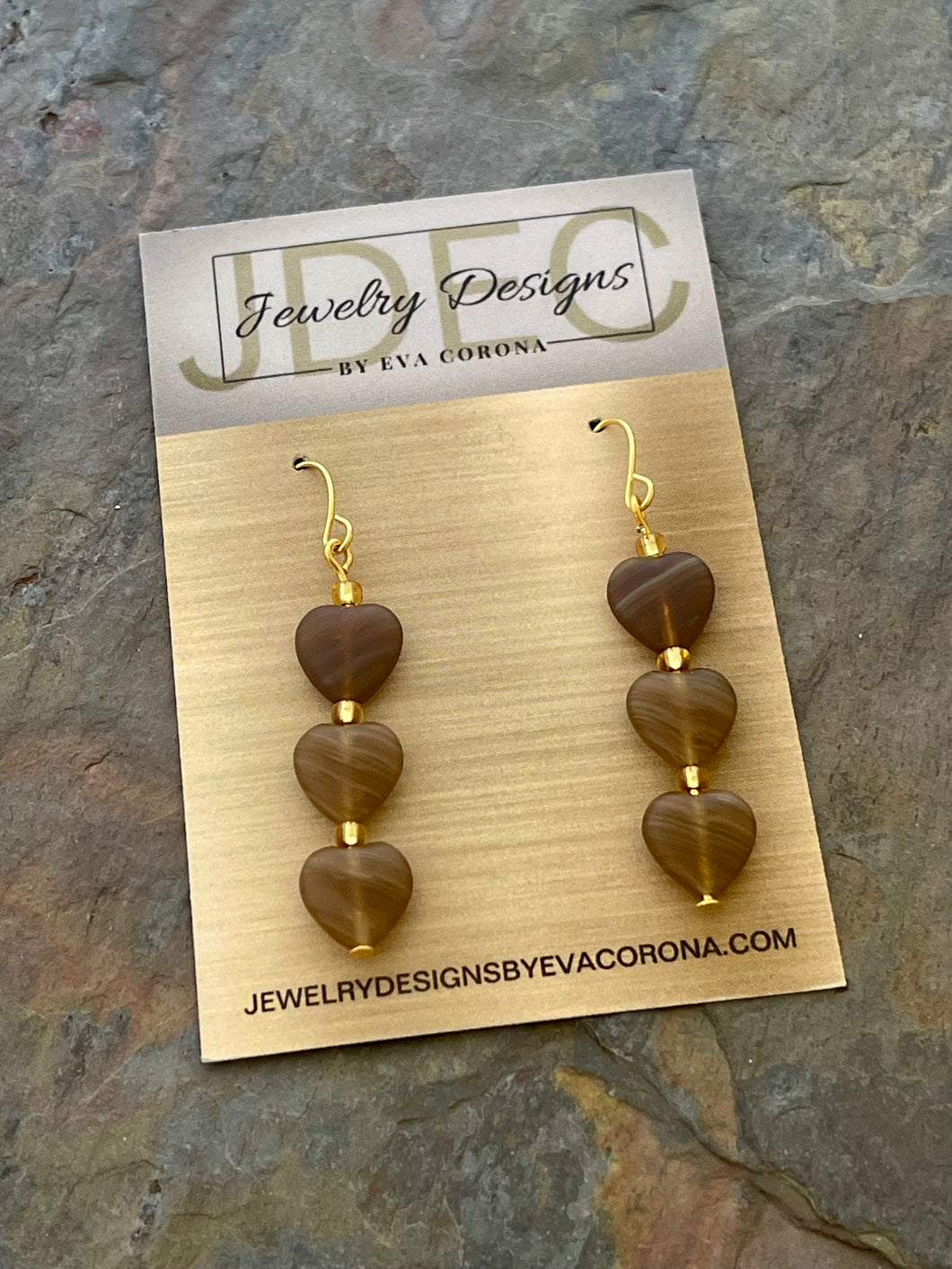Brown Czech glass triple heart earrings