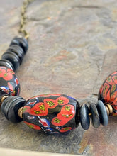 Load image into Gallery viewer, Black Agate stone statement necklace with large Millefiori glass beads
